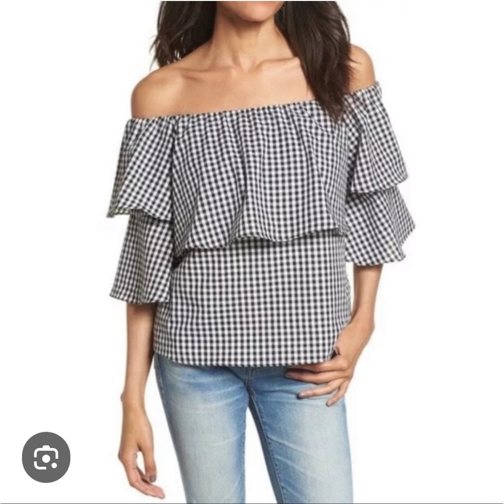 WAYF Gingham Off Shoulder Blouse top